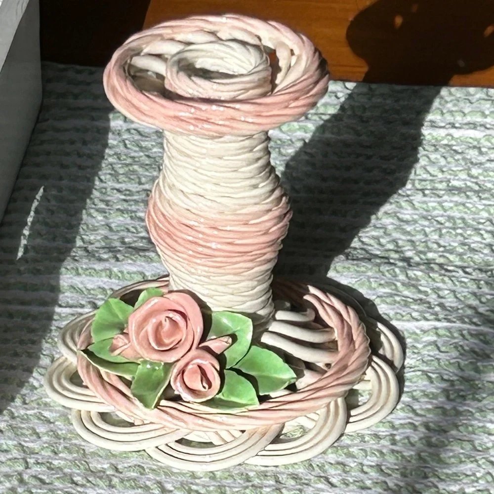 Whimsical Candlesticks Pair of 2 Rose Adorned Cream Pink 1991 Belleek Bev Sparks